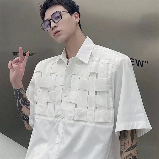 Streetwear Summer High Street Knitting Short Sleeve Mens Shirts Luxury Social Sol Summer High Street Knitting Short Sleeve Mens Shirts Luxury Social Solid Shirt Korean Fashion Y2K Clothes Camisas De Hombre Fashion Sweater Jacket With Graphic Design For Men