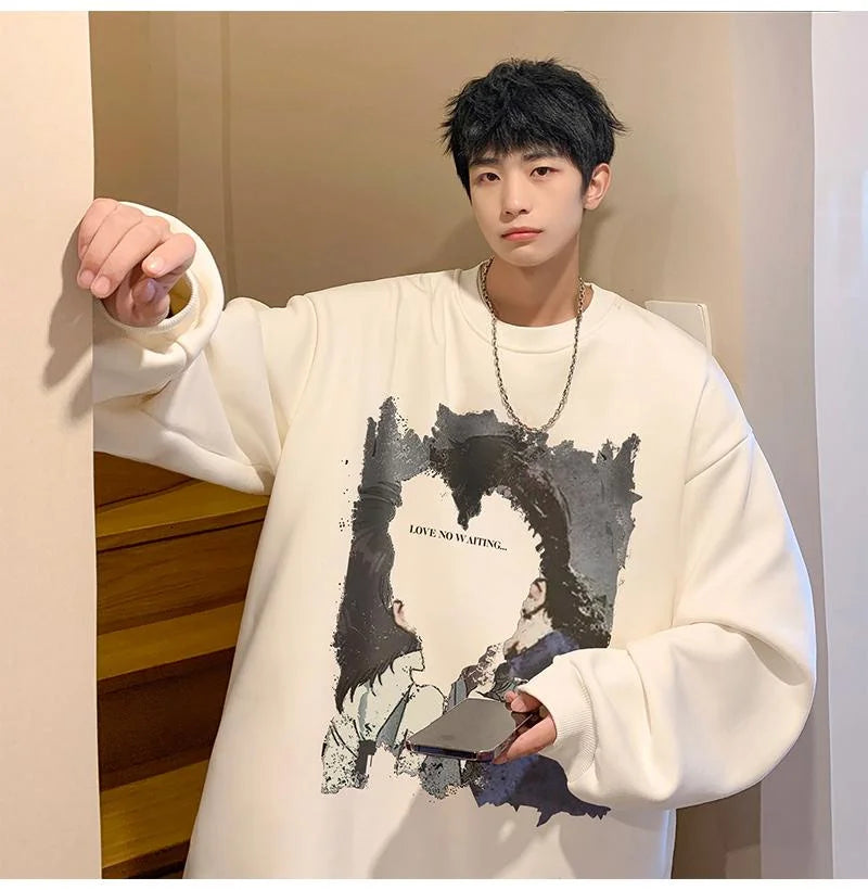 Men's Oversized Love No Watting Letter Graphic Sweatshirts 2025 Korean Fashions Sudaderas para Hombres Streetwear Y2K Hoodies Street King Limited