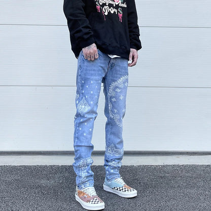 mens high street paisley print denim jeans casual hip hop distressed jeans slim fit skinny denim pants joggers streetwear men unique joggers style 258