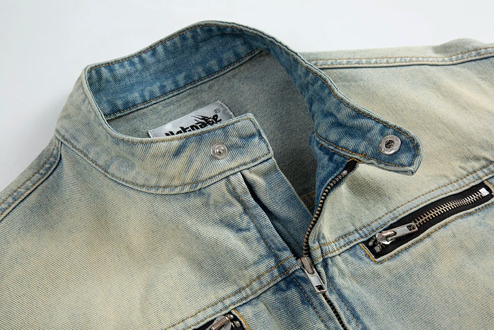 y2k streetwear washed biker jeans jackets for men and women zipper pocket ropa hombre windbreaker denim coat oversized unique jeans style 810