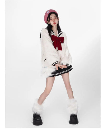 Harajuku Sweet Thicknecked Bow College Coat Woman Zip Up Hoodie Sailor Suit Plush Hoodies Women 2023 Streetwear Goth Y2k Clothes Street King Limited