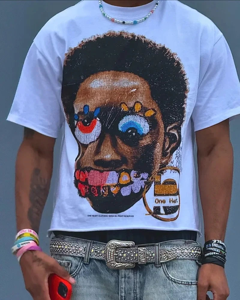 Y2K Fashion Portrait Pattern Printed Short Sleeve T-Shirt Men's 2024 Goth Couple Casual Loose Versatile Oversized Shirt Top Street King Limited
