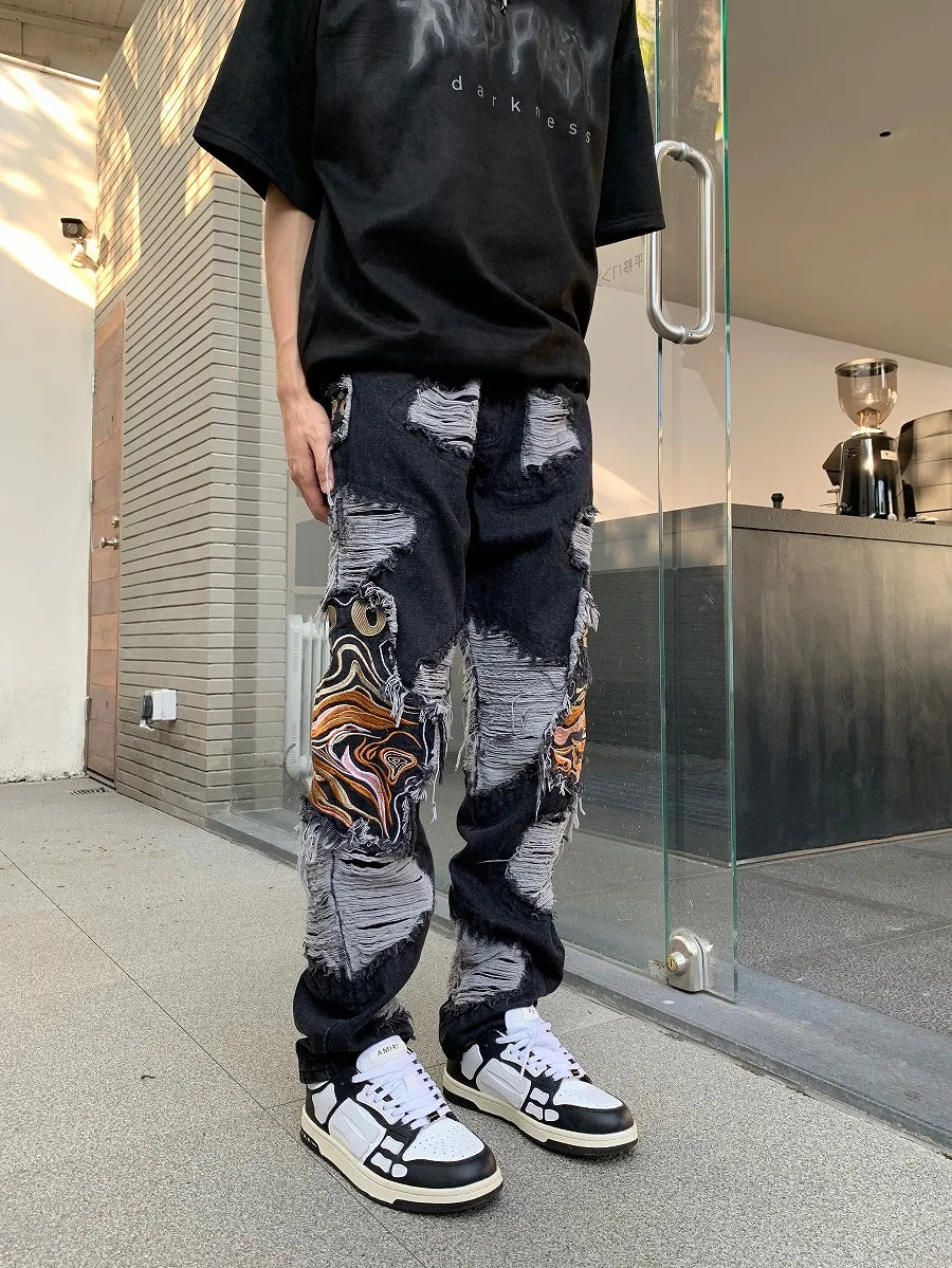 fashion embroidery destroyed ripped tassel holes denim jean pants mens casual loose straight jeans hip hop streetwear joggers unique joggers style 3329