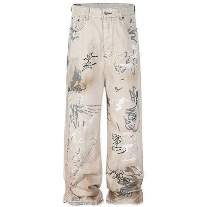 men hip hop baggy jeans graffiti printed loose straight denim pants dirty washed streetwear fashion jeans trousers white unique jeans style 683