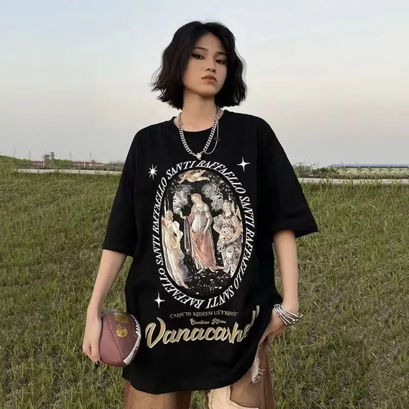 Pure cotton American retro right shoulder T-shirt for men and women in summer versatile loose half-sleeved American short sleeve Street King Limited