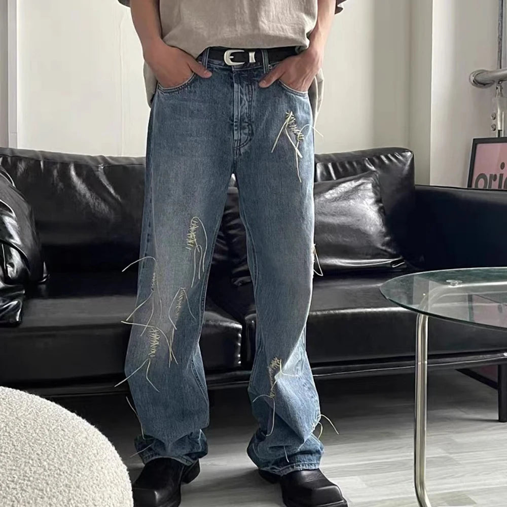 string lace up frayed washed pantalones hombre baggy blue jeans for men y2k streetwear washed casual denim trousers oversized stacked flare jeans