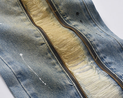 front zipper hole distressed washed vintage mens jeans pants harajuku y2k straight ink painted baggy denim trousers oversized urban skinny jeans