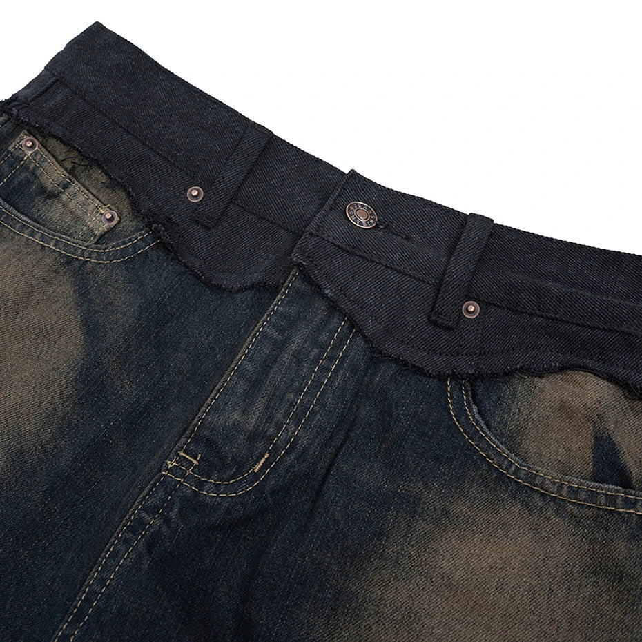 men vintage blue jeans luxury designer patchwork baggy denim pants loose straight jeans trousers ripped baggy denim