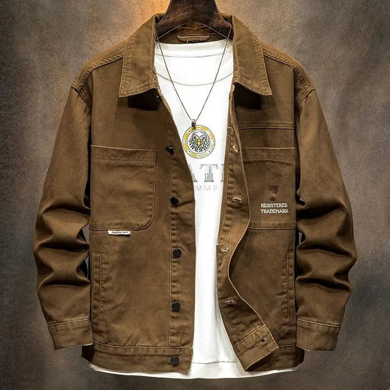 american retro workwear jacket for boys loose spring and autumn high street japanese style khaki casual trendy denim jacket tops unique jeans style 4874