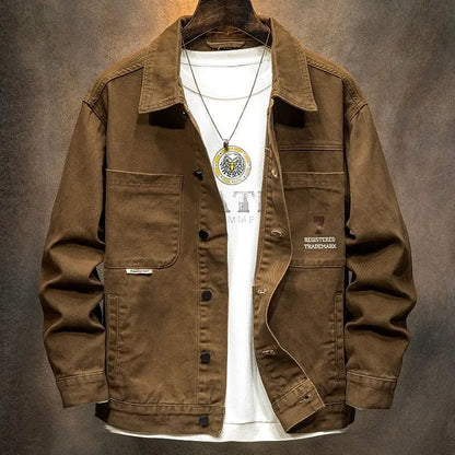 american retro workwear jacket for boys loose spring and autumn high street japanese style khaki casual trendy denim jacket tops unique jeans style 4874