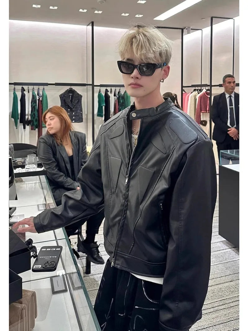 high street motorcycle pu leather jacket men hip hop trend shoulder padded coat street fashion stand collar zipper short outwear unique shorts style 1952