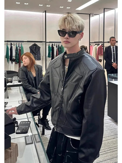 high street motorcycle pu leather jacket men hip hop trend shoulder padded coat street fashion stand collar zipper short outwear unique shorts style 1952