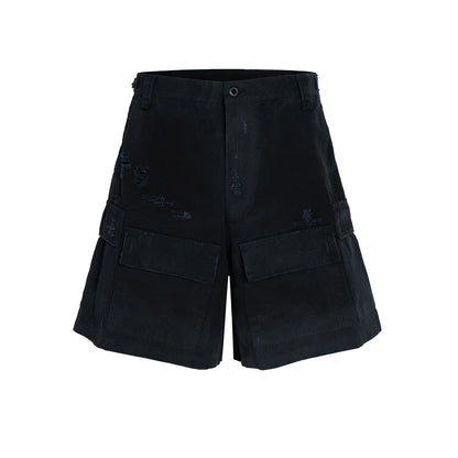 vintage ripped damaged black cargo shorts for men high street wide leg baggy overalls distressed summer knee length pants military streetwear pants