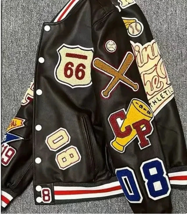 american retro high street embroidered jacket splicing print black eight baseball jacket 2024street wear baseball uniform jacket unique default style 5262