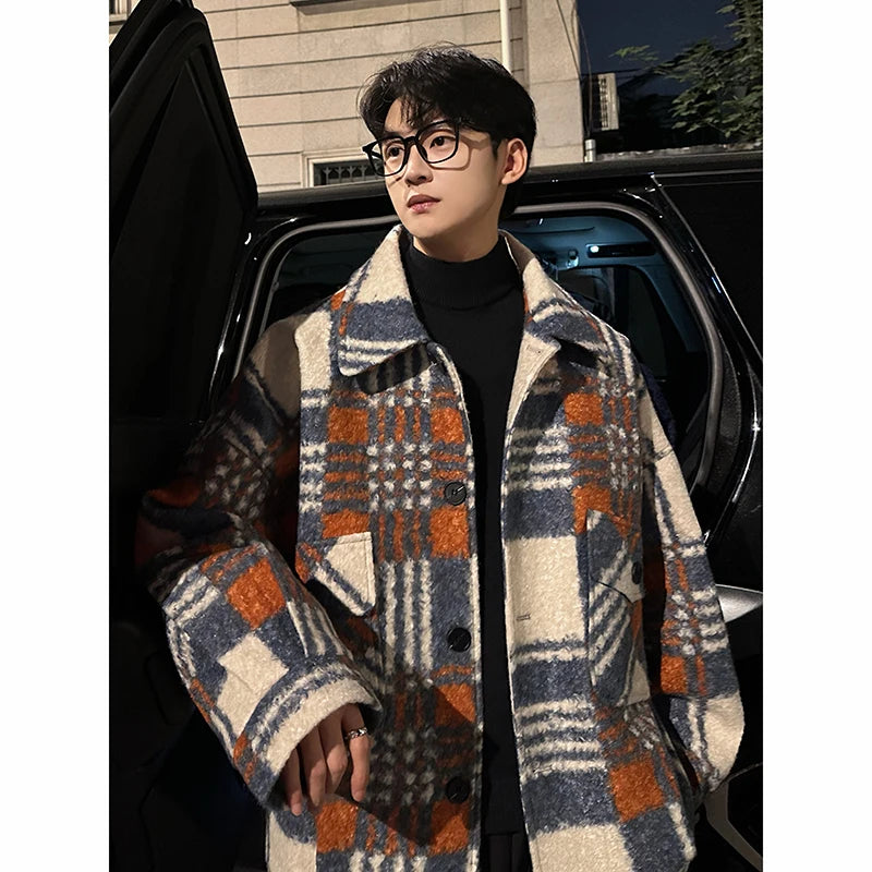 autumn winter campus boy plaid woolen coat men streetwear fashion loose casual retro thick jacket man bomber coat outerwear unique default style 953