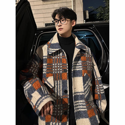 autumn winter campus boy plaid woolen coat men streetwear fashion loose casual retro thick jacket man bomber coat outerwear unique default style 953