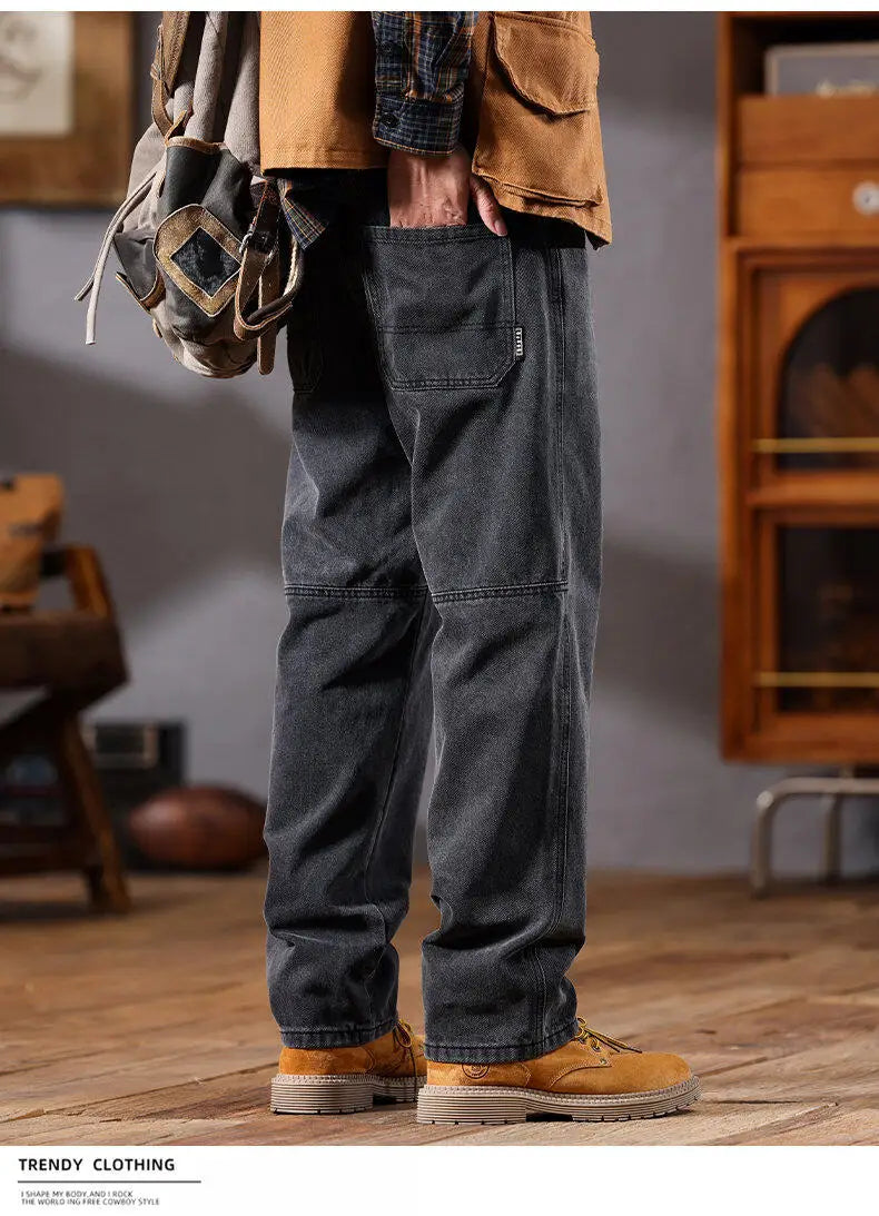 men retro fashion streetwear loose casual plus size straight denim cargo jeans pants man black gray jeans trousers unique cargo style 1849