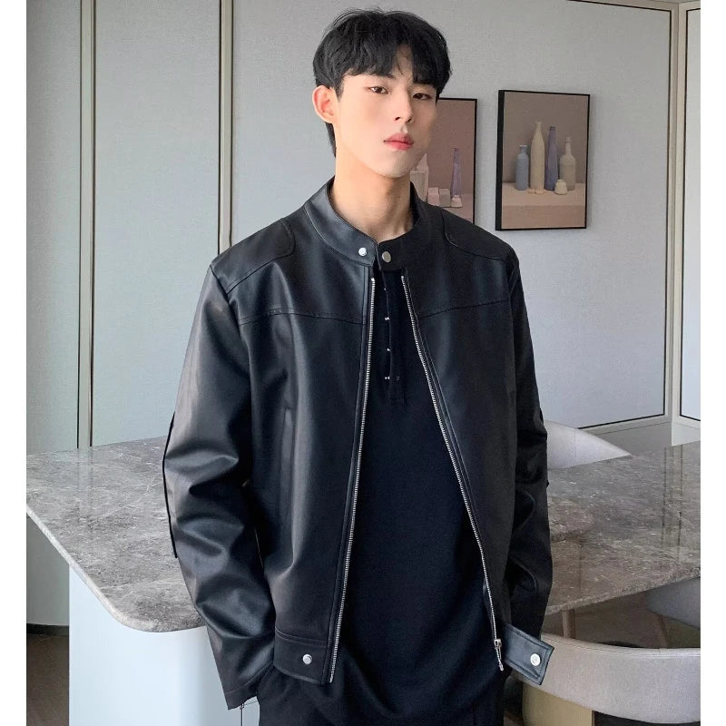 retro american street leather jacket mens autumn 2024 motorcycle standing collar trendy short coat zipper loose bomber outwear unique shorts style 2650