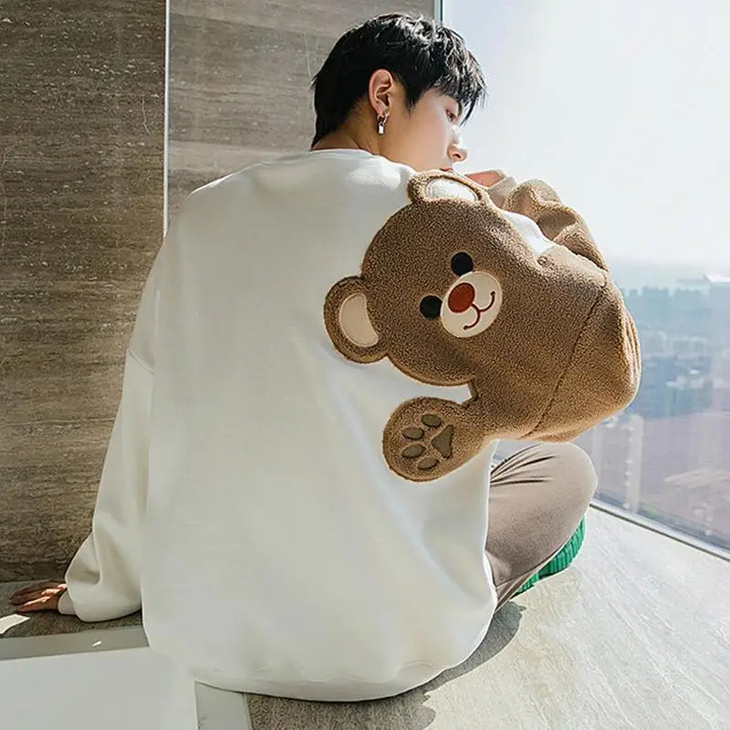 Long-sleeved Round Neck Sweater Lamb Hair Embroidery Flocking Sweater Loose Warm Winter Men's Bear Street King Limited