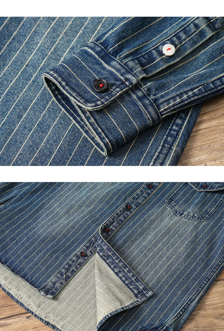 Amekaji VIntage Denim Shirt Men Spring Autumn New Lapel Multi-pocket Blue Striped Long Sleeve Cargo Shirt  Casual Cardigan Tops Street King Limited