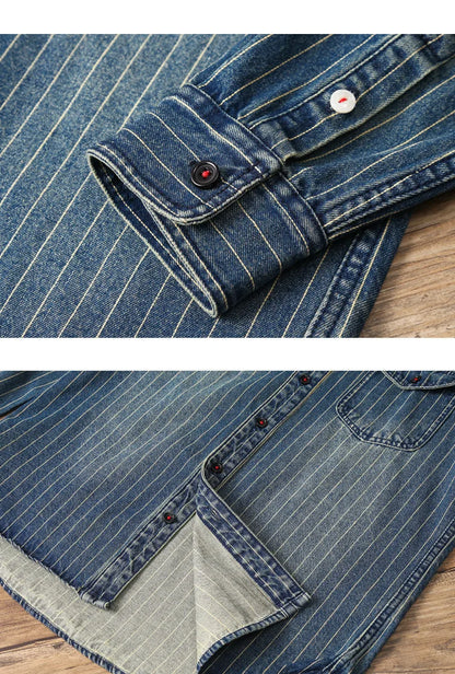 Amekaji VIntage Denim Shirt Men Spring Autumn New Lapel Multi-pocket Blue Striped Long Sleeve Cargo Shirt  Casual Cardigan Tops Street King Limited