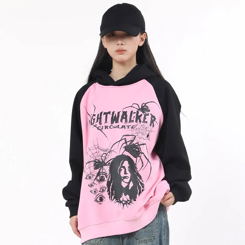 Men Fleece Hoodie Spider Web Eye Graphic Print Patchwork Sweatshirt Harajuku Casual Loose Pullover Hip Hop Streetwear Couple Street King Limited