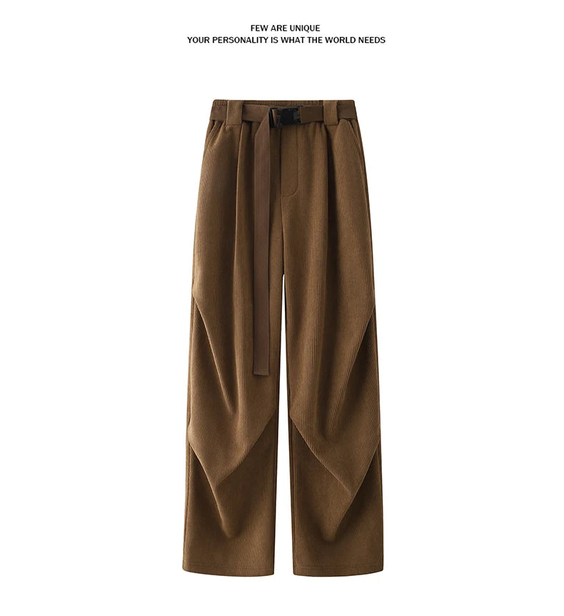 winter mens wide leg straight sweatpants korean fashion warm fleece track pants male casual thermal trousers with long belt unique joggers style 1082