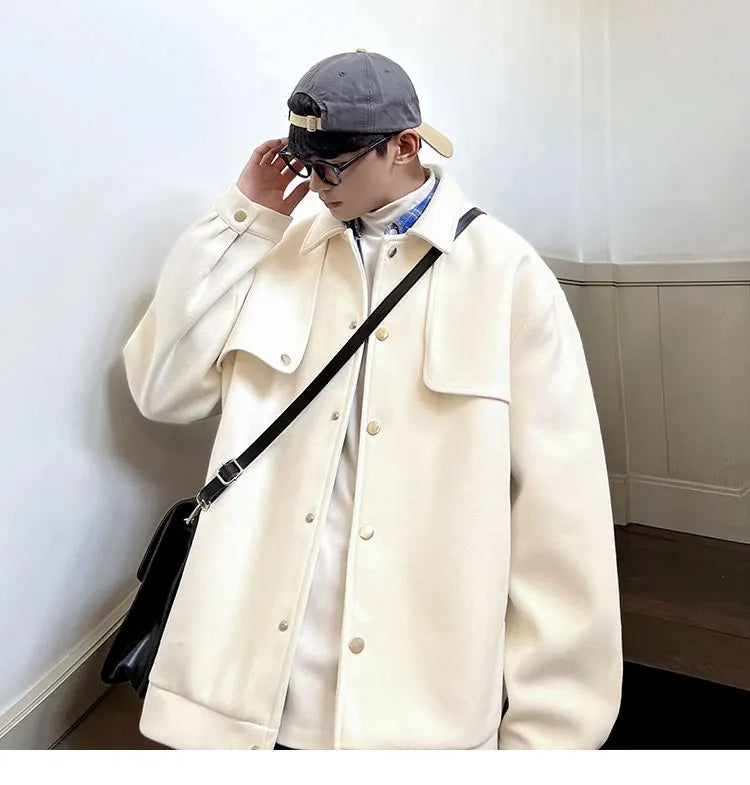 Winter Short Woolen Coat Men Warm Retro Thickened Woolen Jacket Men Streetwear Korean Loose Woolen Coat Mens Oversized Overcoat Street King Limited