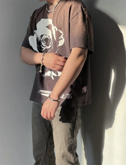 Vintage 90s Old School Style Sunfade Rose Cracking Washed Old Streetwear Printed T-shirt For Men Street King Limited