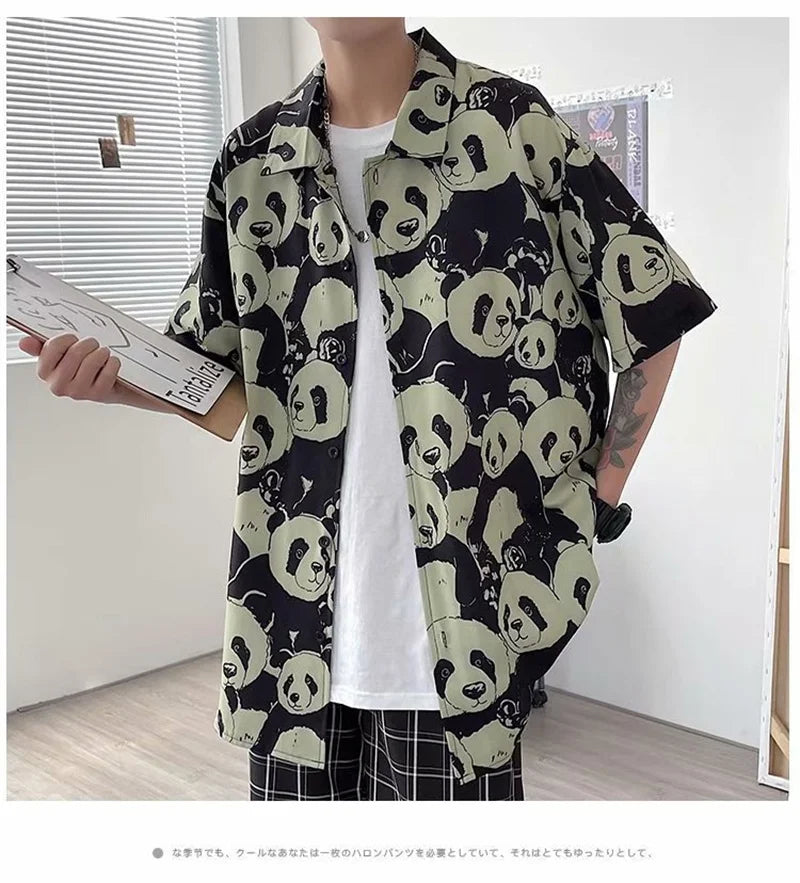 Streetwear Summer Panda Printed Shirts For Men Casual Loose Short Sleeved Camisas Summer Panda Printed Shirts For Men Casual Loose Short Sleeved Camisas Couples Streetwear Fashion Tee Shirt Luxury Social Shirt Fashion Sweater Jacket With Graphic Design For Men
