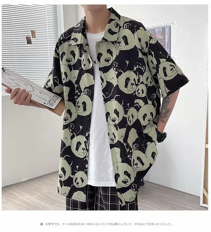 Streetwear Summer Panda Printed Shirts For Men Casual Loose Short Sleeved Camisas Summer Panda Printed Shirts For Men Casual Loose Short Sleeved Camisas Couples Streetwear Fashion Tee Shirt Luxury Social Shirt Fashion Sweater Jacket With Graphic Design For Men