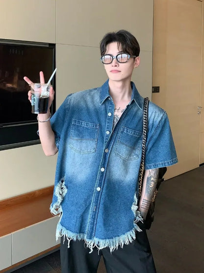 summer trend mens set shoulder padded short sleeved denim shirt quick drying casual pants 2 pcs set american retro street suit unique jeans style 3895