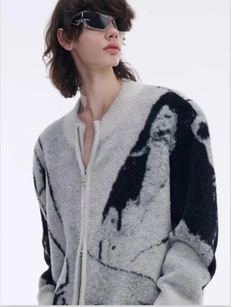 Color Blocked Gradient Cardigan Mens Imitation Mink Fur Jacquard Trend Couple Knitted Jacket Zipper High Street Sweater Coats Street King Limited
