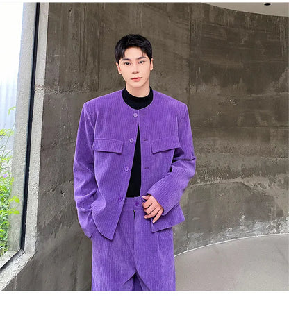 men 2 pieces sets corduroy short jacket wide leg pant suits korean streetwear fashion loose casual retro coat baggy trousers unique shorts style 2690