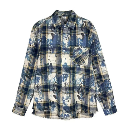 Streetwear Autumn Mens Ink Tie Dye Plaid Long Sleeve Shirt Korean Fashion Vintage Autumn Mens Ink Tie Dye Plaid Long Sleeve Shirt Korean Fashion Vintage Button T Shirts Y2K Streetwear Social Shirt Jackets Fashion Sweater Jacket With Graphic Design For Men