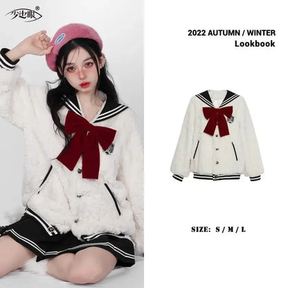 Harajuku Sweet Thicknecked Bow College Coat Woman Zip Up Hoodie Sailor Suit Plush Hoodies Women 2023 Streetwear Goth Y2k Clothes Street King Limited