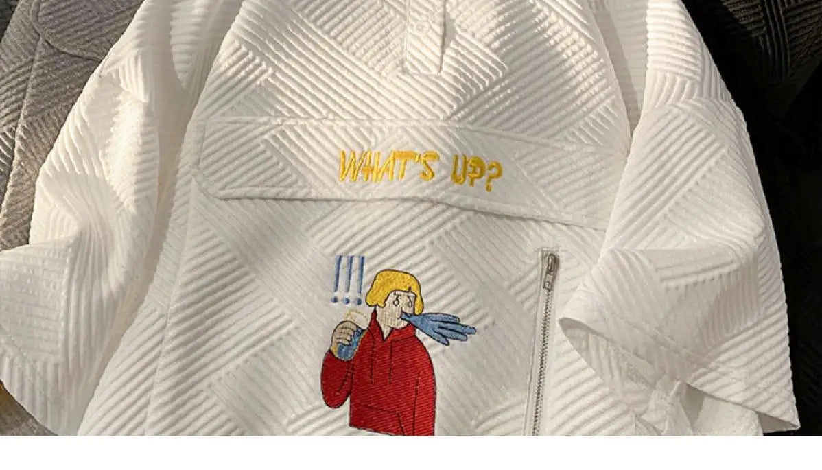 Korean waffle short-sleeved polo shirt with cartoon pattern summer jacquard collar t-shirt for men ins Hong Kong style loose top Street King Limited