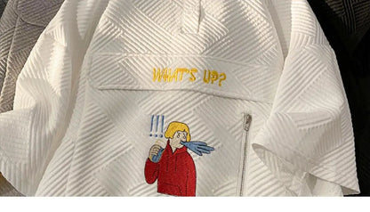 Korean waffle short-sleeved polo shirt with cartoon pattern summer jacquard collar t-shirt for men ins Hong Kong style loose top Street King Limited