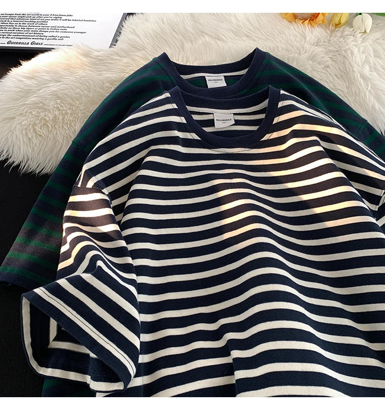 Japanese Striped Contrasting Color Short-Sleeved T-Shirt Men's Summer Pure Cotton 280g Heavy Loose Half-Sleeved T-Shirt Street King Limited