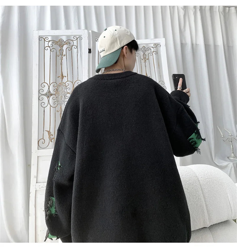 2025 New Ripped Design Crewneck Sweater For Men High Street Patchwork Knitted Jumpers Y2K Vintage Christmas Knitwear Pullovers Street King Limited