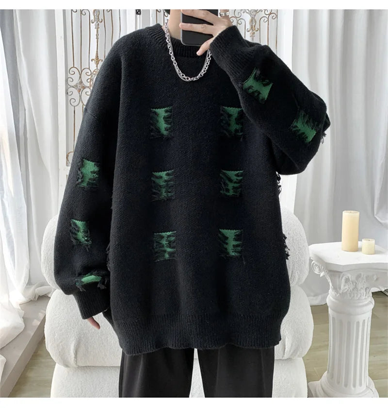 2025 New Ripped Design Crewneck Sweater For Men High Street Patchwork Knitted Jumpers Y2K Vintage Christmas Knitwear Pullovers Street King Limited