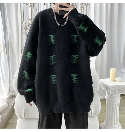 2025 New Ripped Design Crewneck Sweater For Men High Street Patchwork Knitted Jumpers Y2K Vintage Christmas Knitwear Pullovers Street King Limited