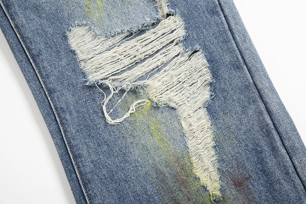green painted hole washed blue baggy jeans mens streetwear distressed casual loose denim trousers ropa hombre frayed cargo pants unique cargo style 4335