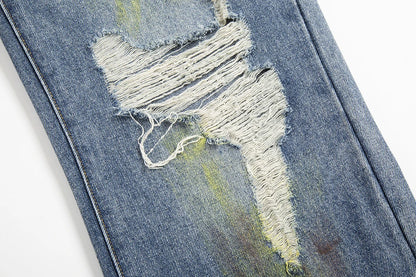 green painted hole washed blue baggy jeans mens streetwear distressed casual loose denim trousers ropa hombre frayed cargo pants unique cargo style 4335