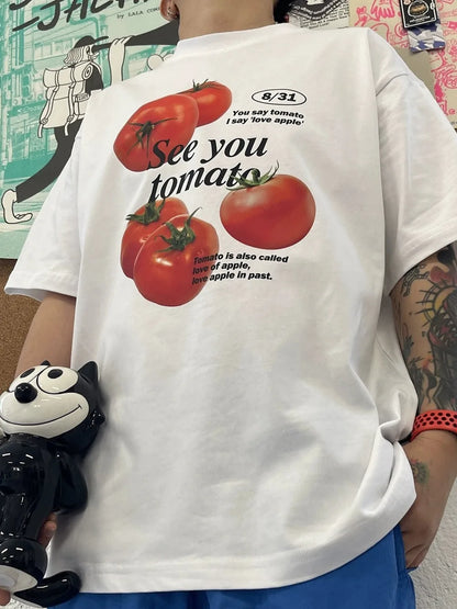 Tomato print pure cotton short-sleeved T-shirt, fun and cute men and women niche fashion brand Korean style college style top Street King Limited
