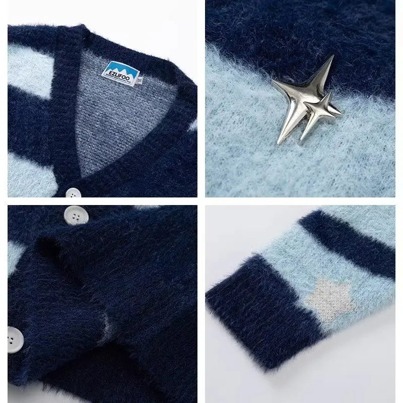 Knitted Cardigan Sweater Men Women Autumn Patchwork Knitted Jumpers Harajuku Loose Hip Hop Streetwear Y2K Star Pattern Jackets Street King Limited