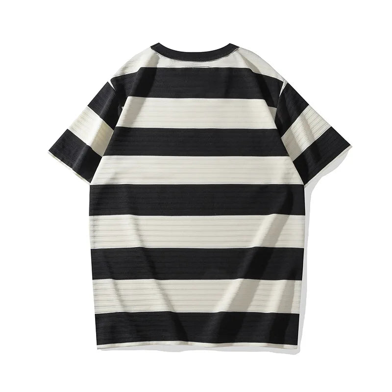 Men's Dark Wide Striped Short Sleeve Tees, Casual Tops, Round Neck, Thick, 100% Cotton, New, Summer Street King Limited