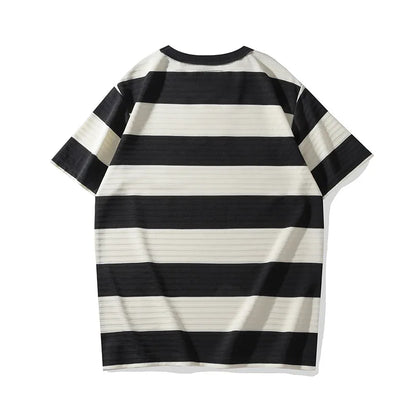 Men's Dark Wide Striped Short Sleeve Tees, Casual Tops, Round Neck, Thick, 100% Cotton, New, Summer Street King Limited