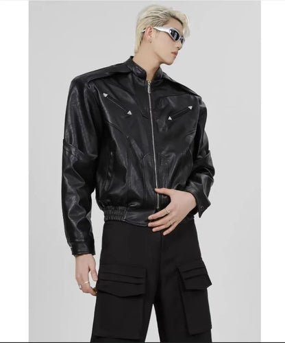 short pu leather jacket men shoulder pad stand collar trend bomber outwear 2023 korean streetwear zipper unisex motorcycle coat unique shorts style 2323
