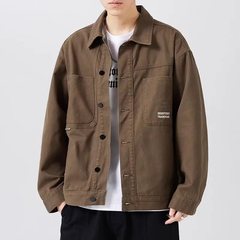 american retro workwear jacket for boys loose spring and autumn high street japanese style khaki casual trendy denim jacket tops unique jeans style 4871